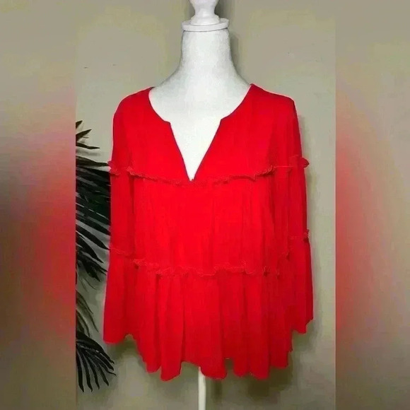 Patrizia Luca Milano Ruffle Sleeve 3/4 Top Bright Red Blouse - Size Medium - Picture 1 of 2